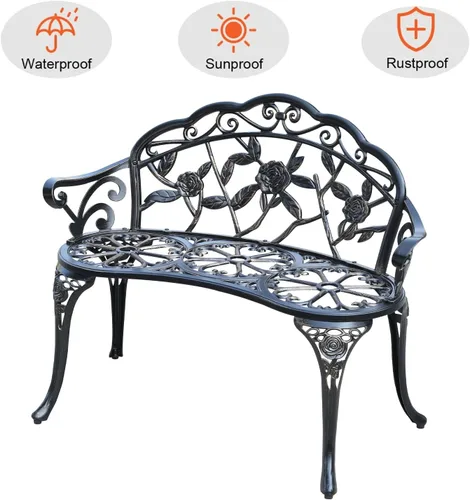 Vista 4 de Banco de aluminio fundido para exteriores, banco de jardín de rosas para patio, parque, césped, patio (bronce)