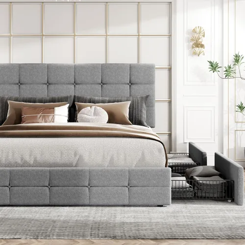 Vista 38 de HOOMIC Base de cama de almacenamiento de plataforma de tamaño matrimonial con 4 cajones y cabecera ajustable, listones de madera, no necesita