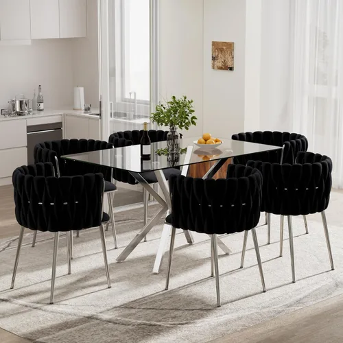 Vista 9 de Juego de comedor moderno de vidrio de lujo de 5 piezas, juego de comedor rectangular minimalista para 4, juego de mesa de cocina de vidrio
