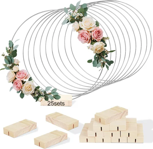 Vista 8 de 12 Piezas Centro de Mesa de Aro Floral de 12 Pulgadas Decoraciones de Mesa, Piezas Centrales de Decoración de Metal Dorado para Mesa con Base