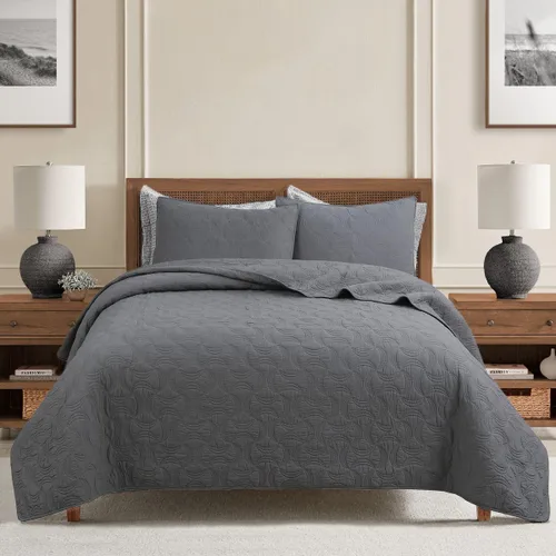 Vista 8 de Cozy Line Home Fashions - Juego de edredón de cama de algodón 100% Victoriano con medallón sólido blanco, matelassé, grabado, reversible, ligero