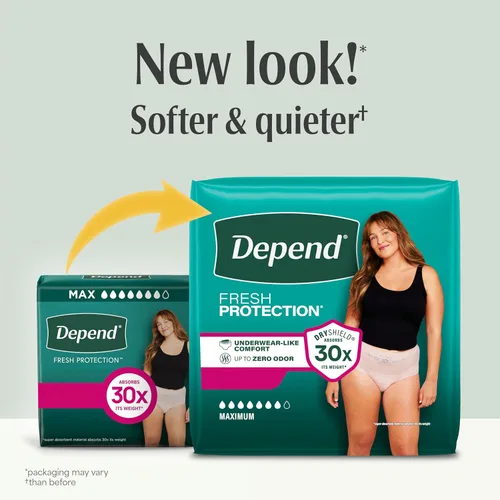 Vista 2 de Depend Fresh Protection - Pañales para adultos, ropa interior de incontinencia y para pérdida de orina posparto para mujer, desechable, máxima