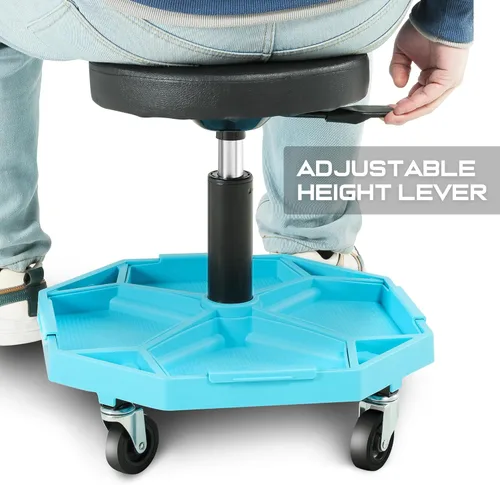 Vista 4 de DNA Motoring - Taburete mecánico neumático de altura ajustable para garaje con bandeja de herramientas, asiento rodante, capacidad máxima de 300 Azul