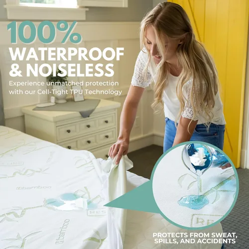 Vista 2 de Tamaño individual Protector de colchón impermeable Hipoalergénico, funda de colchón refrescante, estilo sábana bajera de hasta 18 pulgadas