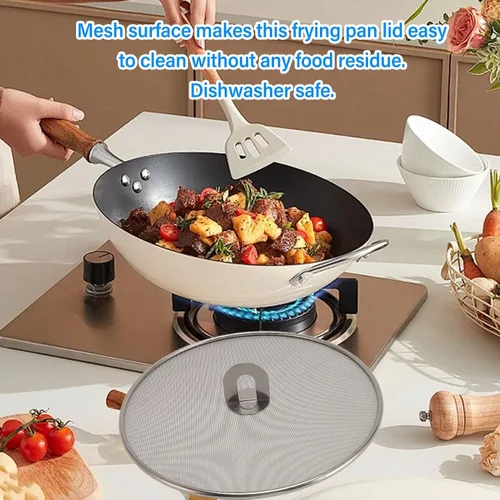 Vista 4 de 3 piezas de pantalla de acero inoxidable para cocina, mango plegable, protección contra salpicaduras de grasa, tapa a prueba de explosiones