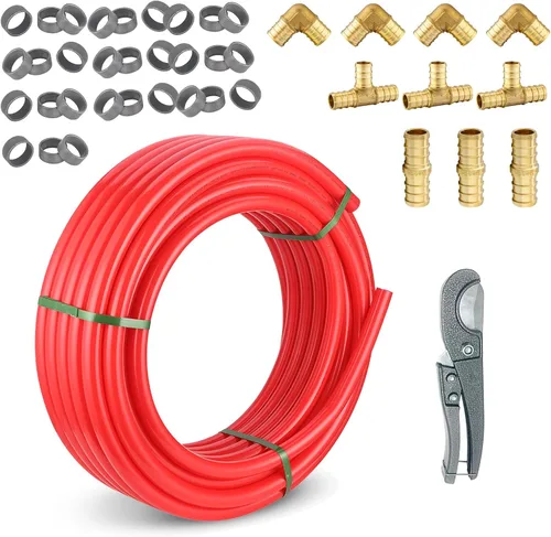 Tubo Niikappu Red PEX-B de 1/2 pulgada, tubo Pex B de 100 pies con un cortador de tubos, 10 accesorios de engarce de latón y 30 anillos de cobre
