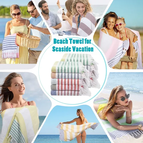 Vista 4 de Oudain 10 toallas turcas de playa de algodón a granel de secado rápido, 71 x 40 pulgadas, ligeras, sin arena, con borlas a rayas, para ducha