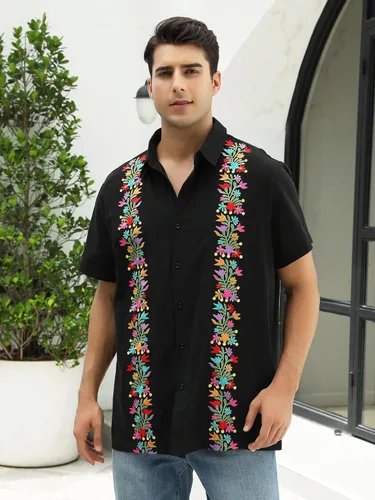 Vista 3 de Camisas mexicanas para hombre, camisa de manga corta bordada con botones y cuello de guayabera tradicional Alebriges Negro