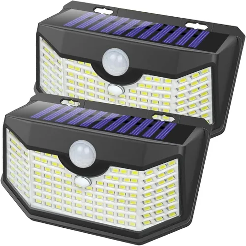 HMCITY 120 luces LED solares para exteriores con sensor de movimiento y 3 modos de iluminación, IP65 impermeables, amplias, luces solares de pared
