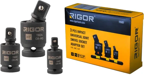 RIGOR 11601 Juego de adaptadores de enchufe universal de 3 piezas - 1/4", 3/8", 1/2" Drive | Enchufes de molibdeno cromado de grado de impacto con