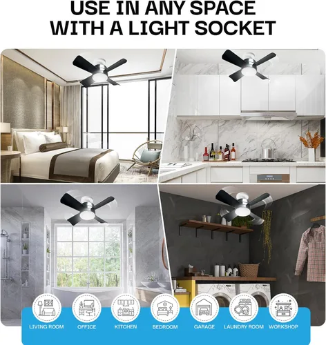 Vista 4 de Bell+Howell Socket Breeze Deluxe, pequeño ventilador de techo con luz LED y mando a distancia, velocidades y brillo ajustables, ventilador de luz