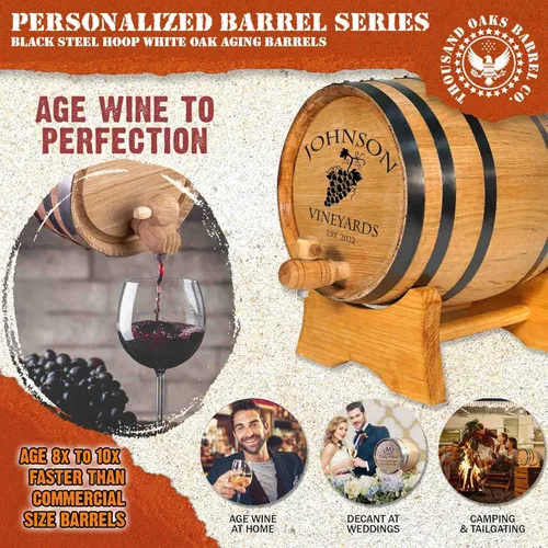 Vista 2 de Barril de envejecimiento de roble personalizado de 1 litro para vino con soporte de madera, boung y espita - Age Mead, cócteles, bourbon, whisky