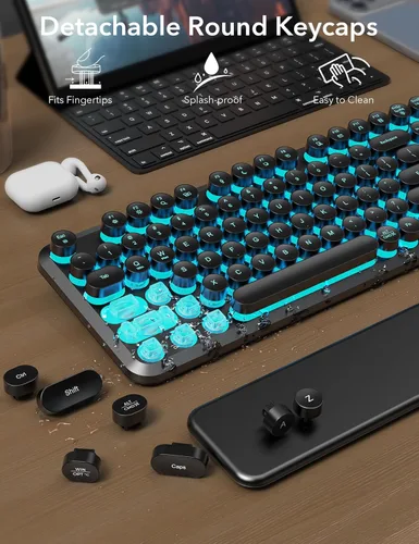 Vista 7 de Teclado y ratón inalámbricos retroiluminados - Teclado de máquina de escribir con reposamuñecas magnético, teclas redondas retro, letras iluminadas