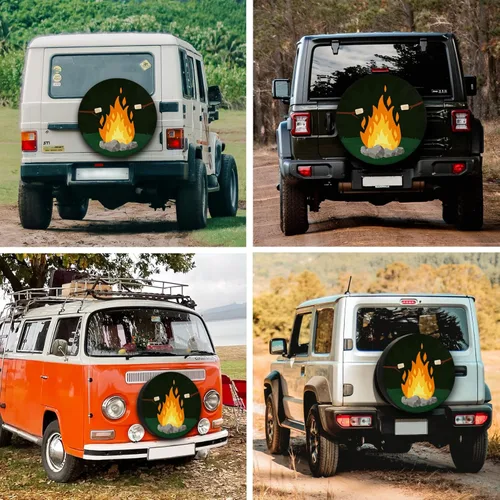 Vista 3 de Cubierta para neumático de remolque, camping, fuego y malvaviscos, cubierta de neumático para remolque, resistente a la intemperie, a prueba