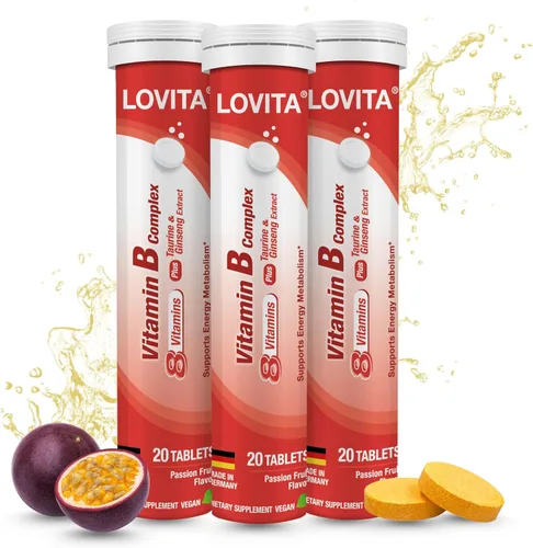 Vista 12 de LOVITA Comprimidos efervescentes del complejo de vitamina B, 20 unidades, más extracto de taurina y ginseng, apoya el metabolismo energético, sabor