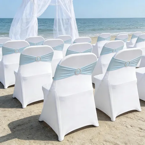 Vista 5 de Bandas de elastano para silla, 30 lazos elásticos para sillas con hebilla deslizante para decoración de banquete de boda, fiesta (azul bebé)