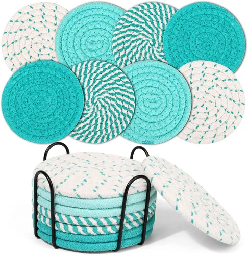 Vista 10 de Mckanti Posavasos de 8 estilos con soporte, posavasos absorbentes para mesa de café, juego de posavasos de algodón minimalista tejido