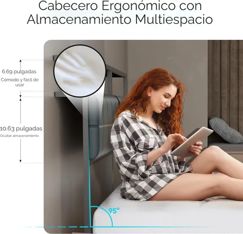 Vista 4 de Marcos de cama individual con luces LED y estación de carga, marco de plataforma de metal con cabecera tapizada, no necesita somier, sin ruido