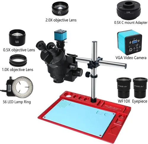 Vista 5 de Microscopio de laboratorio Diapositivas 3.5X-90X Simul Focal Trinocular Microscopio Estéreo VGA 1080P VGA 38MP HDMI Digital USB Microscopio Cámara