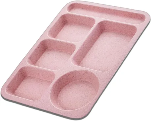 Vista 8 de Platos divididos de paja de trigo, platos de 5 compartimentos reutilizables, bandeja de plástico para almuerzo escolar con divisores para adultos