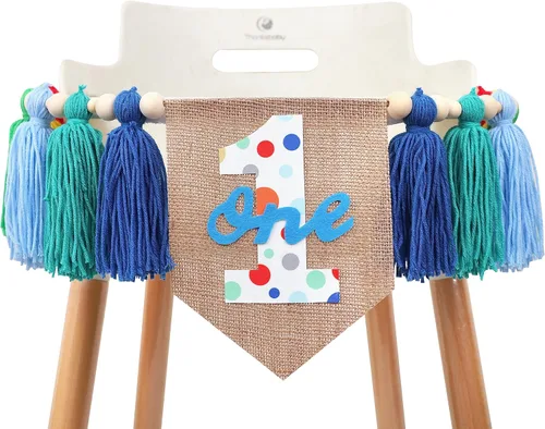 Vista 6 de Cartel de arcoíris para primera silla de alta – Colorido cartel de borla para silla de bebé, primer cumpleaños niño, telón de fondo de pastel