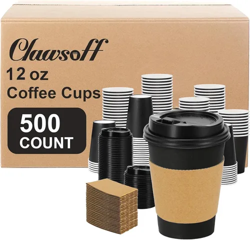 Vista 9 de Clawsoff Paquete de 100 tazas de café de papel desechables de 12 onzas con tapas y mangas, vasos de papel aislados desechables sin fugas para Negro