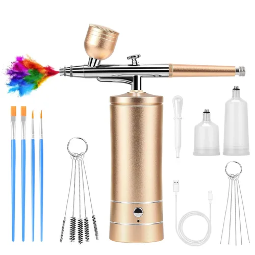 Kit de aerógrafo con compresor de aire, dijes de uñas, cepillo de aire inalámbrico para peluquería, arte de uñas, decoración de pasteles, Dorado