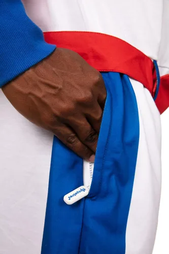 Vista 3 de Tipsy Elves Disfraz de Daredevil para hombre, overol de Halloween con acrobacias rojas, blancas y azules