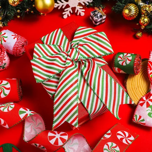 Vista 2 de Yingzhao 6 rollos de 30 yardas de caramelo de Navidad de menta con borde con alambre de arpillera rojo y verde de bastón de caramelo, cinta