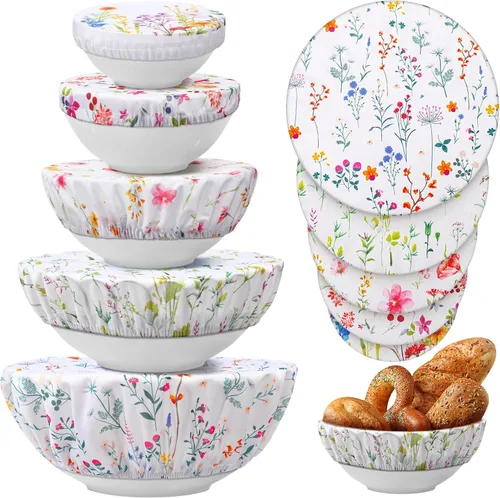 Vista 11 de Patelai 10 fundas reutilizables para tazones en 5 tamaños, tela elástica, fundas elásticas para tazones de almacenamiento de alimentos, tapas de pan