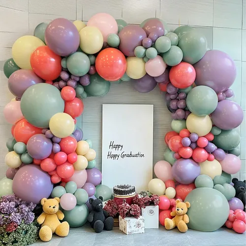 Vista 15 de Kit de arco de globos de color azul polvoriento, beige dorado, doble relleno, azul claro, perla, blanco, arena, cromado, dorado, para bodas