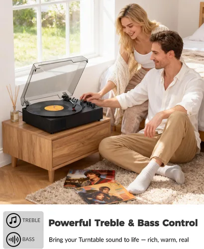 Vista 4 de Tocadiscos de vinilo vintage con altavoces estéreo integrados, tocadiscos Bluetooth para discos de vinilo con control de graves y agudos