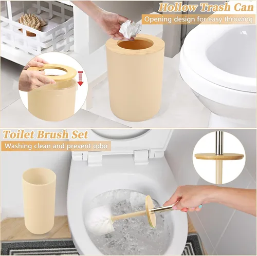 Vista 4 de SLDIYWOW Accesorios de baño, juego de accesorios de baño beige completo con basura, bandeja, dispensador de jabón, soporte para cepillos de dientes
