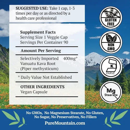 Vista 2 de Pure Mountain Botanicals Cápsulas de kava kava – 90 cápsulas veganas kosher con 400 mg de extracto de raíz de kava de Vanuatu silvestre