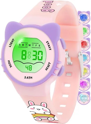 Vista 12 de Relojes digitales analógicos para niñas y niños, relojes de pulsera impermeables con 7 luces de colores, lindos relojes con alarma y cronómetro