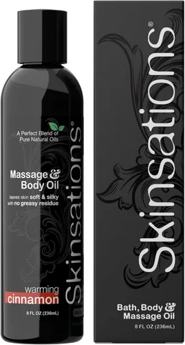 Skinsations - Masaje y aceite corporal - Canela 8 onzas | Mezcla ligera y sedosa suave, naturalmente cálida de almendra dulce comestible, coco