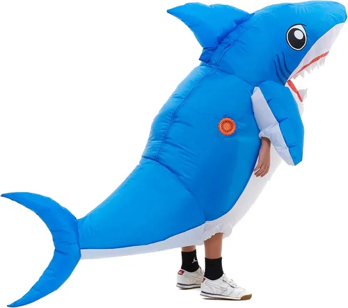 Vista 4 de Disfraz inflable de tiburón para niños y niñas, disfraz de tiburón para bebé, disfraz inflable de Halloween, azul