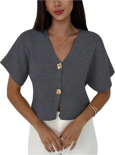 Vista 16 de SOLY HUX Cárdigan de manga corta con cuello en V para mujer marrón (Plain Brown)