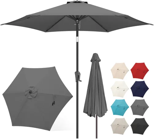 Vista 10 de FLAME&SHADE - Paraguas de 9 pies para patio - Paraguas de exterior de 2 niveles con botón de inclinación y manivela para protección UV, paraguas