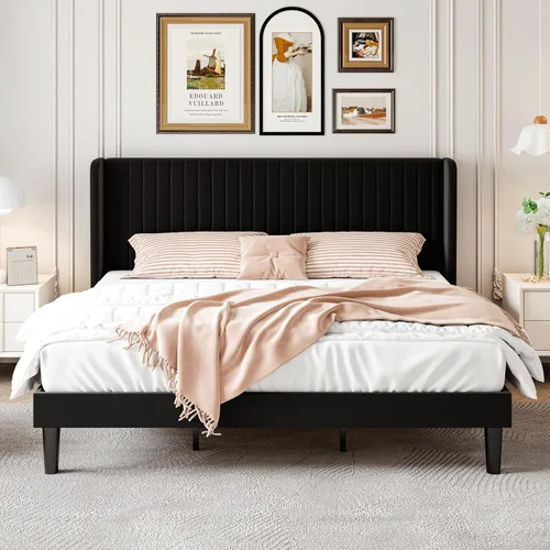 Vista 88 de SHA CERLIN Base de cama de terciopelo tamaño King con cabecera capitoné de canal vertical, plataforma tapizada con listones de madera, no necesita