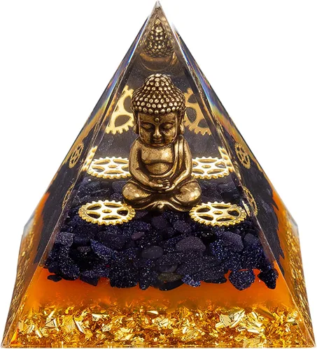 FENGSHUI-CAISHEN Estatua de Little Buddha en pirámide de organita de cristal curativo, piedra arenisca azul con figura de Buda bebé, decoración de