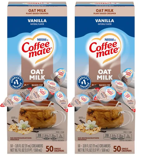 Nestle Coffee Mate - Crema líquida para café a base de plantas, leche de avena con sabor a vainilla, caja de 50 unidades (paquete de 2)