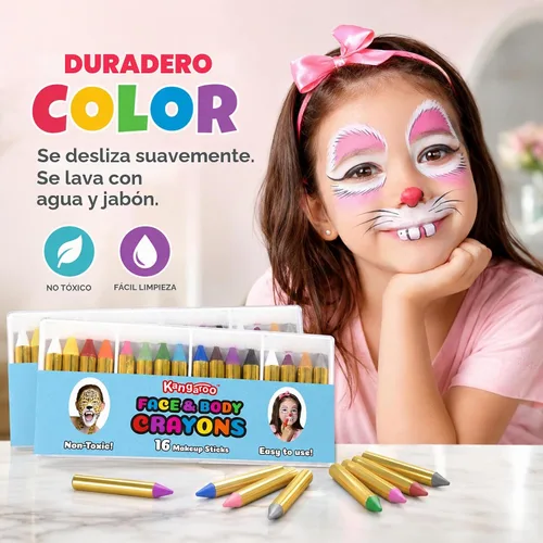 Vista 4 de Kangaroo 32 Washable Face Painting Kit for Kids, 16 Colors (2 Each)