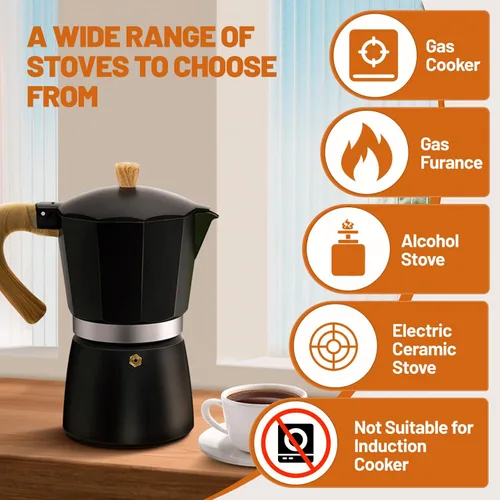 Vista 4 de Cafetera de Espresso de 3 Tazas de Aluminio para Estufa, Olla de Moka, Cafetera Express de Café Percolador, Máquina de Café Italiana Clásica Mocha
