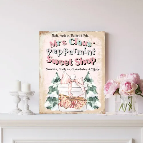 Letrero de metal rosa para tienda de dulces de Navidad, letrero de bastones de caramelo de Navidad, letrero de señora Claus, letrero de caramelo,