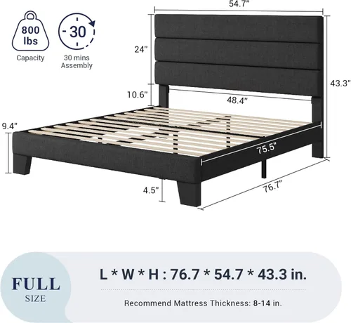 Vista 12 de Allewie - Base de cama tamaño King con cabecera tapizada en tela y soporte de listones de madera; base de colchón completamente tapizada; no Azul