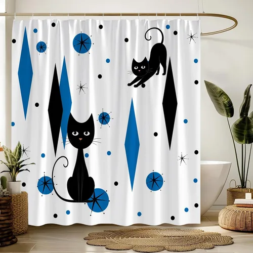GCTNBJL Mid Century Shower Curtain Black Cat ​Atomic Stars Modern ​Abstract Blue Black Geometric Iconic Retro 1950s 1960s Vintage 36x70(WxH) Inches
