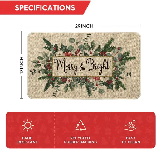 Vista 3 de Artoid Mode Merry&Bright Tapete de Puerta de Navidad con Hojas de Eucalipto y Acebo, Decoración del Hogar de Invierno y Navidad, Alfombra