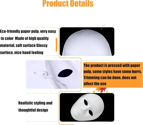 Vista 3 de 10 máscaras faciales completas de bricolaje, máscara de papel blanco pintable en blanco, máscara de bricolaje para manualidades, mascarada, cosplay