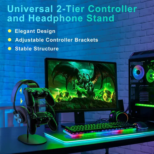 Vista 2 de Controller and Headset Holder, Aluminum and Wood Gaming Controller & Headphone Stand for PS5 PS4 Xbox One Nintendo Switch, Universal Desk Game
